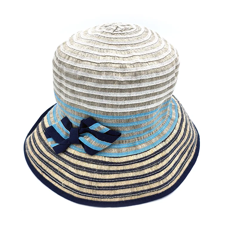 sombrero lino mujer elegante rayas azules